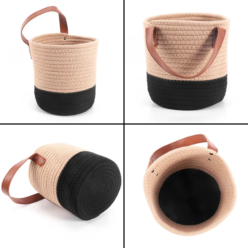 Wandgemonteerde geweven hangende mand met lederen handvat, plankmandorganizer voor planten woondecoratie