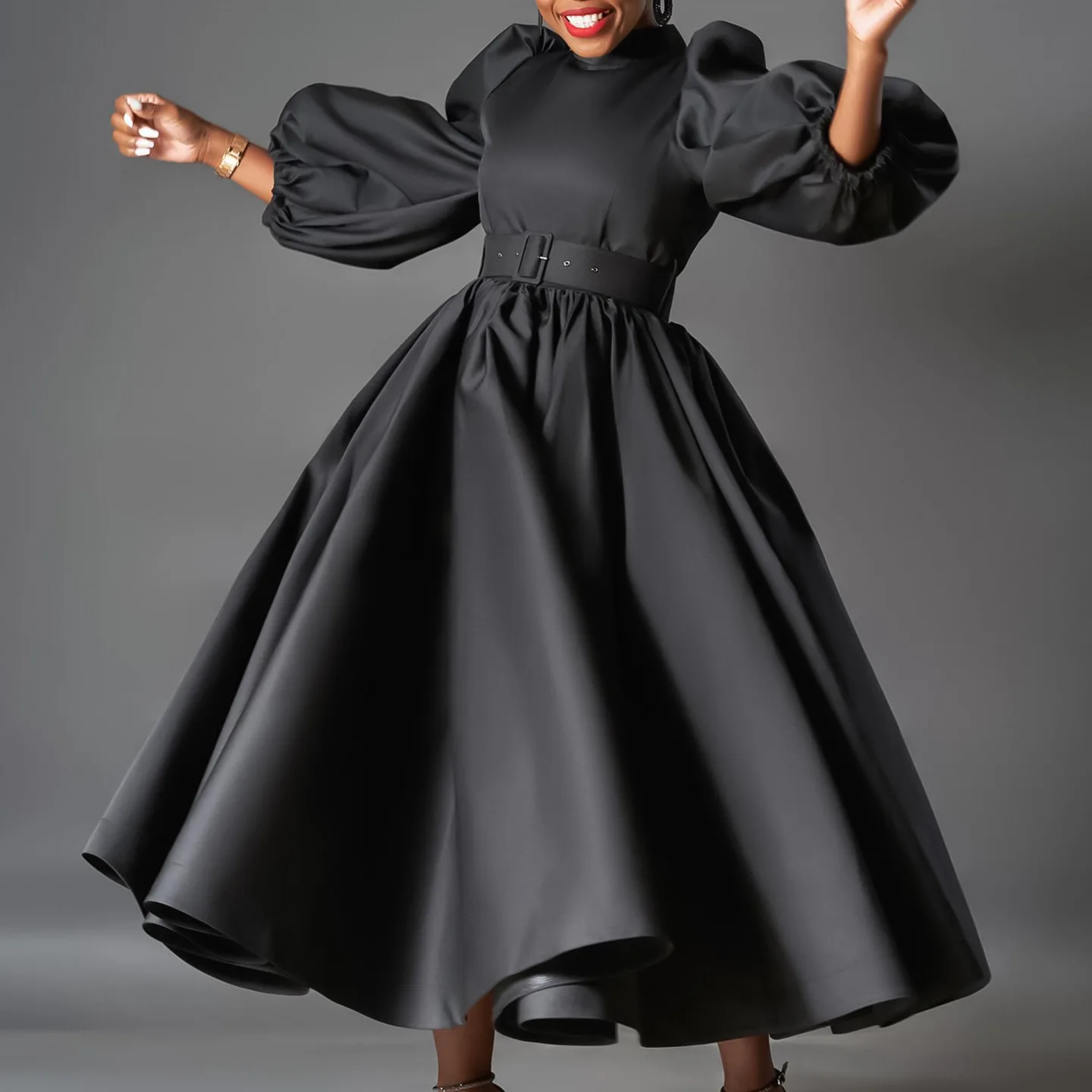 

Plus size women's European and American loose plus size fashion solid color large skirt puff sleeve mid-length skirt dress
