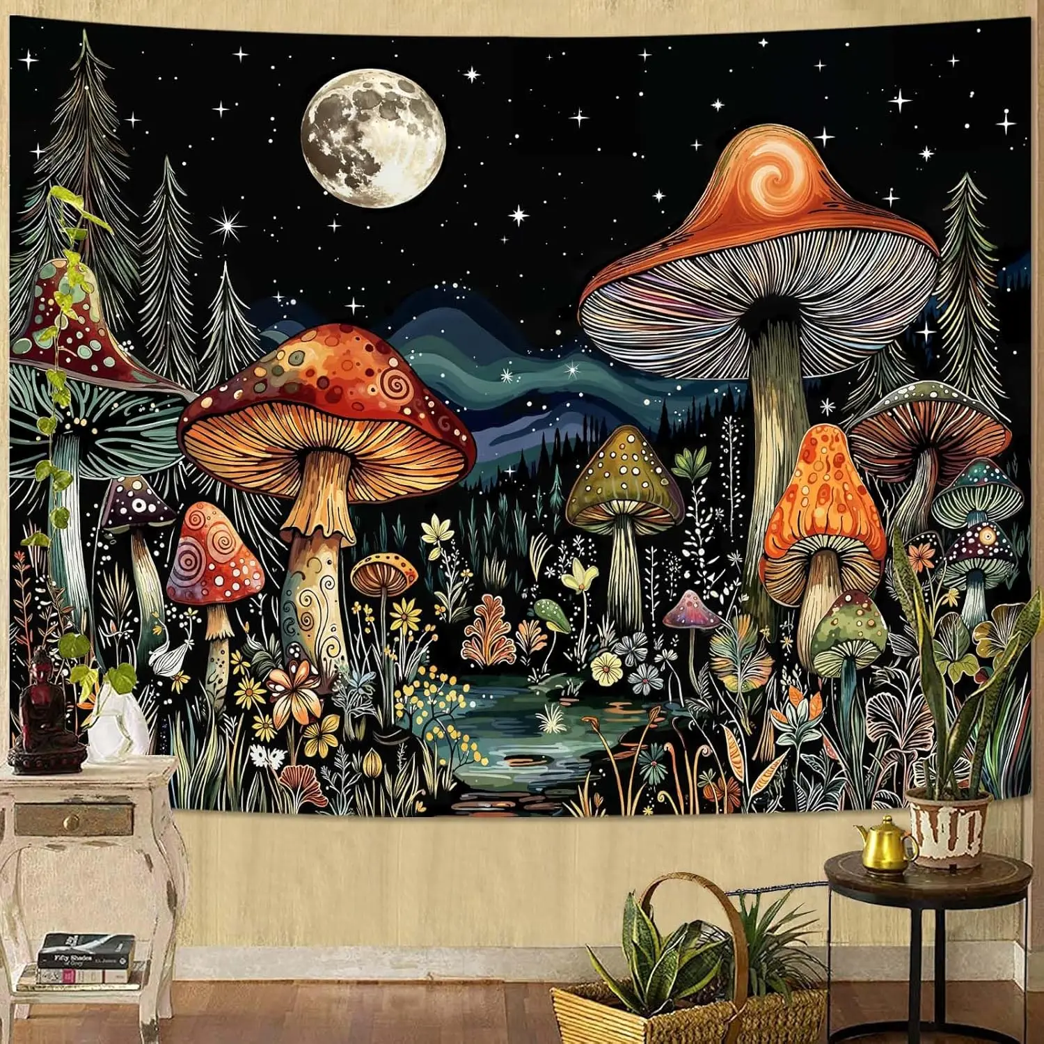 Vintage Mushroom Forest Tapestry Moon Night Floral Tapestries Wall Hanging Nature Plant Small Tapestry for Bedroom Living Room view 5