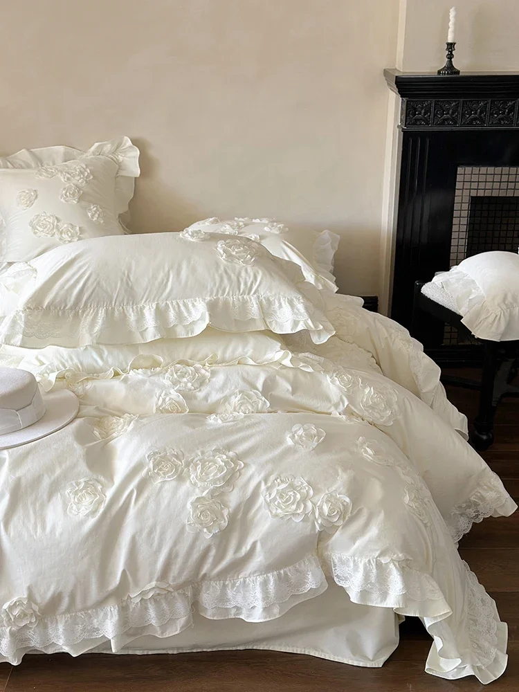 4Pcs French Princess Style 100% Cotton Solid Color Three-dimensional Rose Lace Bedding Duvet Cover 200x230 220x240 Four Seasons