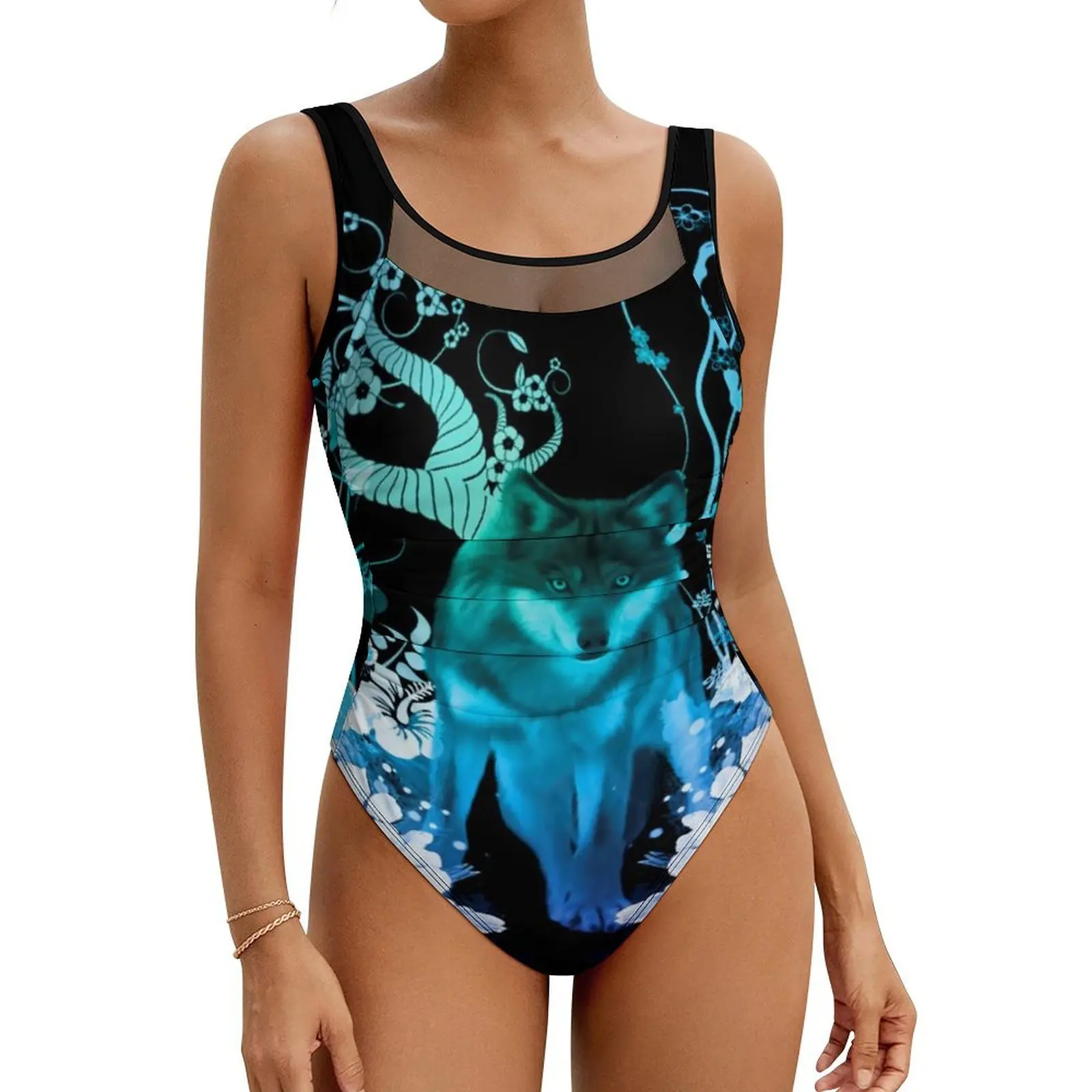 Amazing Wolf Swimsuit Sexy Floral Print Women Swimwear One Piece Fantasy Swimsuits Fitness Push Up Hollow Out Monokini