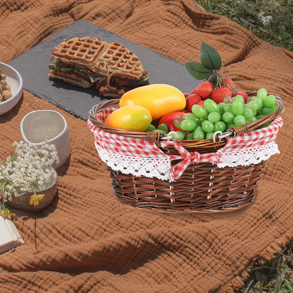 ตะกร้าปิกนิกสาน 1 ชิ้น ตะกร้าเก็บของสำหรับตั้งแคมป์ เดินป่า ใช้งานกลางแจ้ง ใส่ผักผลไม้ น้ำหนักเบา ทำจากผ้าหวาย