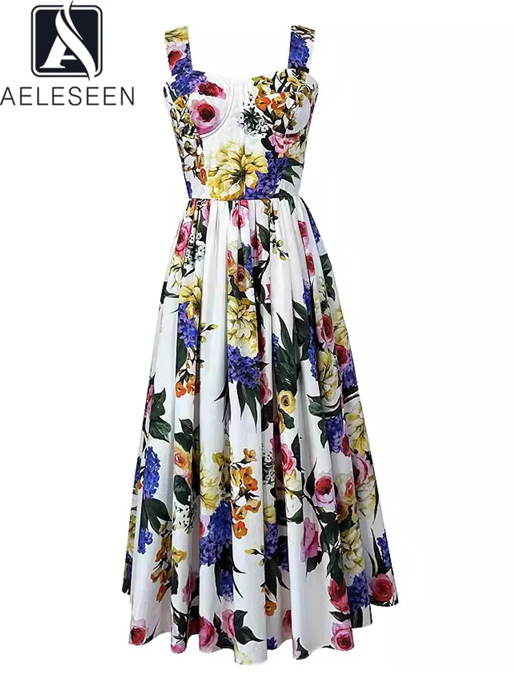 

AELESEEN Sicilian Summer 100% Cotton Dress Women's Spaghetti Strap Design Fashion Colorful Flower Print Elegant Poplin Camisole