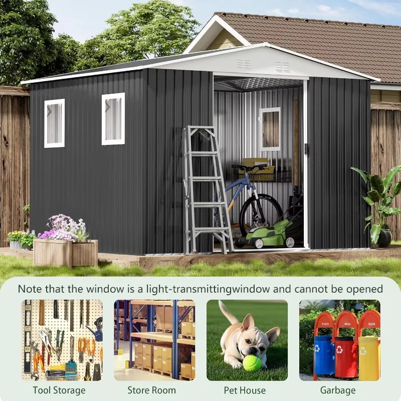 Outdoor Storage Garden Shed 12FTx10FT Apex Roof Grey With 4 windows and Aluminum Alloy Frame Tool House