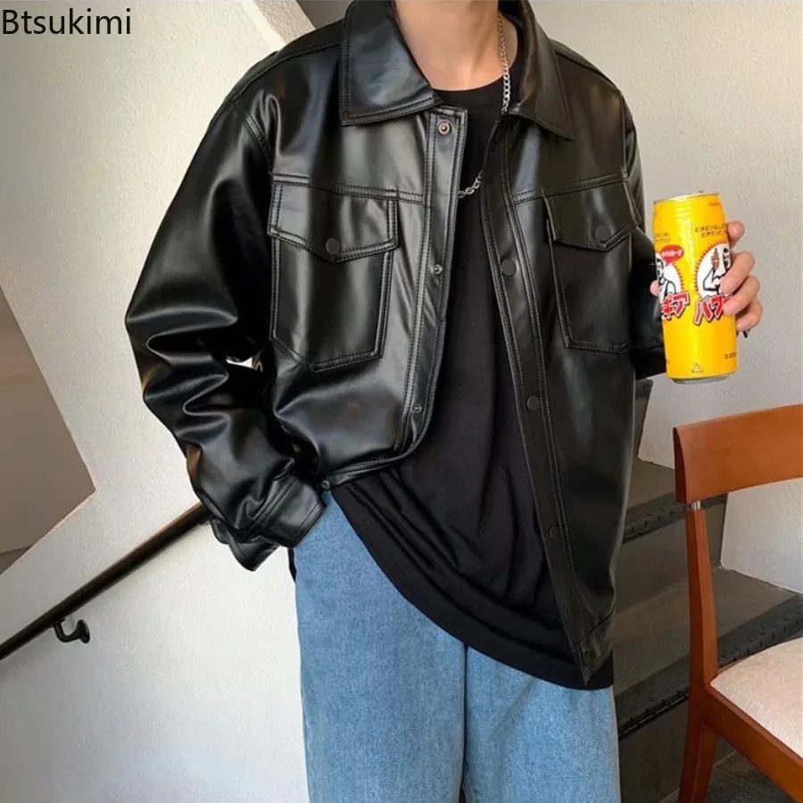 Men's Fashion Leather Jacket Loose Stand Collar PU Jacket Male Anti-wind Motorcycle Lapel Diagonal Zipper Jackets Men Clothing