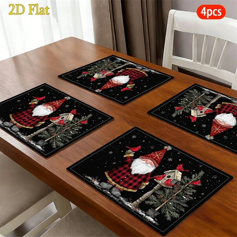 VIKAMA Christmas Linen Placemats, Santa Fireplace Dog Cabin, Machine Washable Heat Resistant, Holiday Dinner