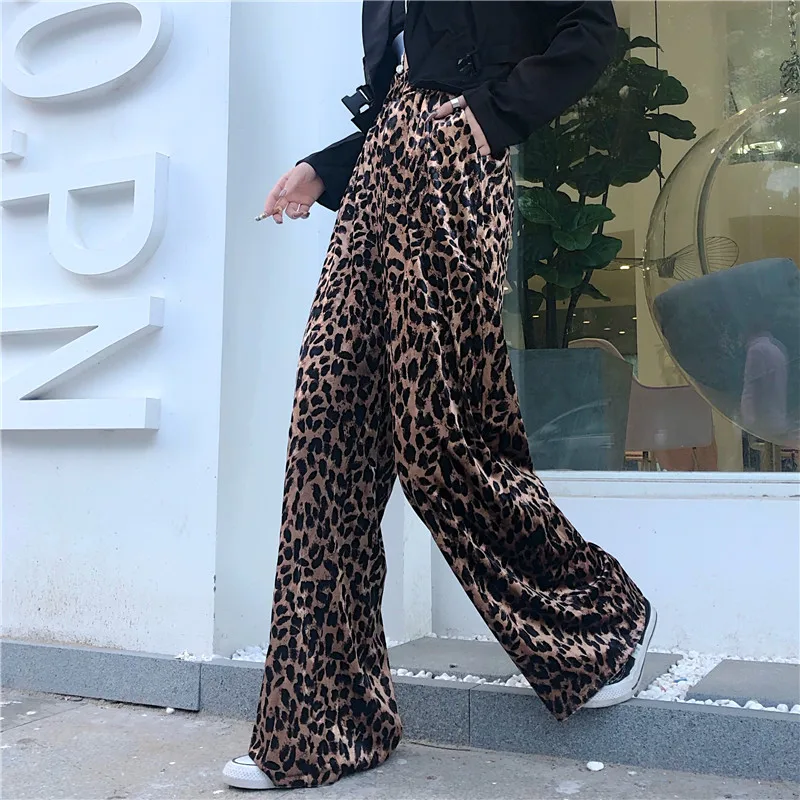 Veludo dourado leopardo imprimir calças femininas outono inverno nova cintura alta elástica baggy calças coreano vintage em linha reta ampla perna