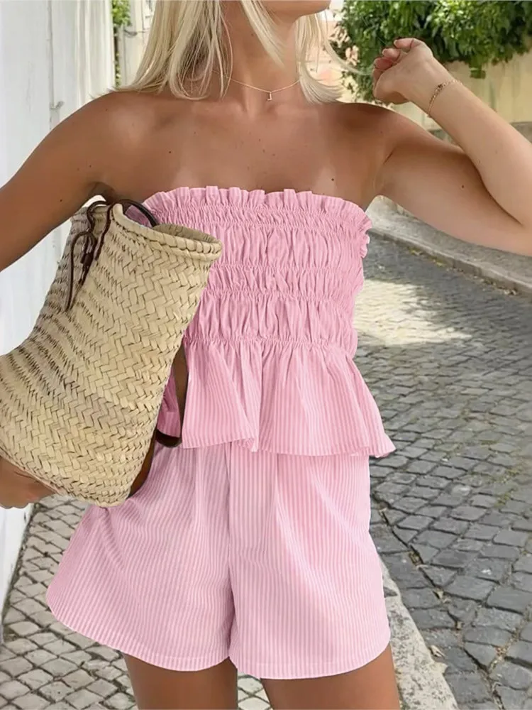 ฤดูร้อนใหม่สบายๆสไตล์ Bra ไม้หูกางเกงขาสั้น 2 ชิ้นชุดสตรีแฟชั่น Elegant ลายจีบกางเกงขาสั้นชุด