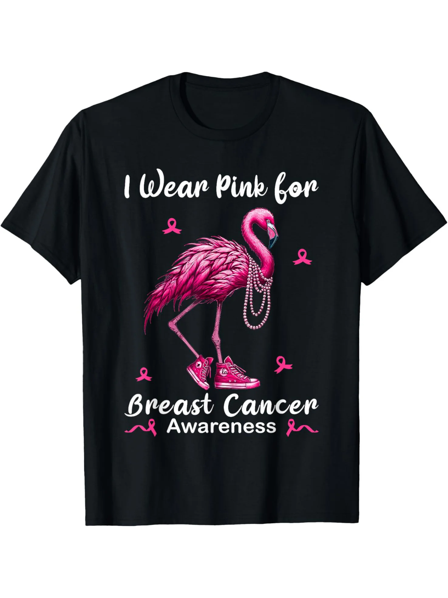 FlamingoSneaker Graphic T-ShirtCrew Neck Casual TeeBreast Cancer Awareness Pink Ribbon DesignMen'S Short Sleeve Spor