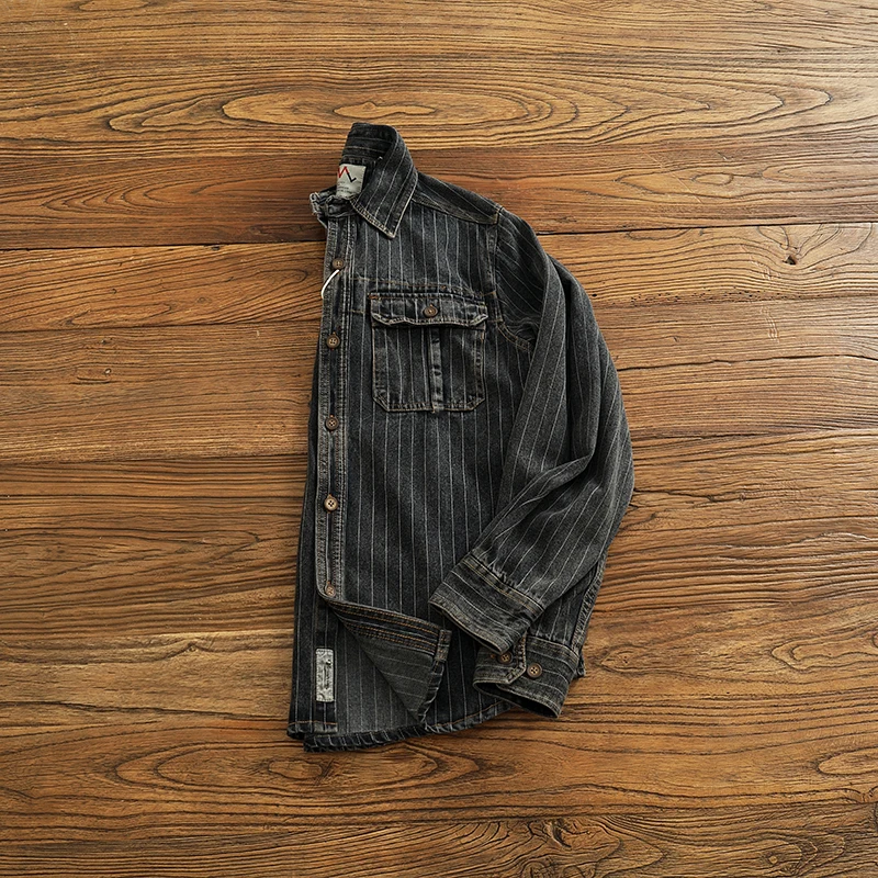 Vintage black gray to do old shirt men spring and autumn loose casual wash denim coat vintage striped cargo shirt