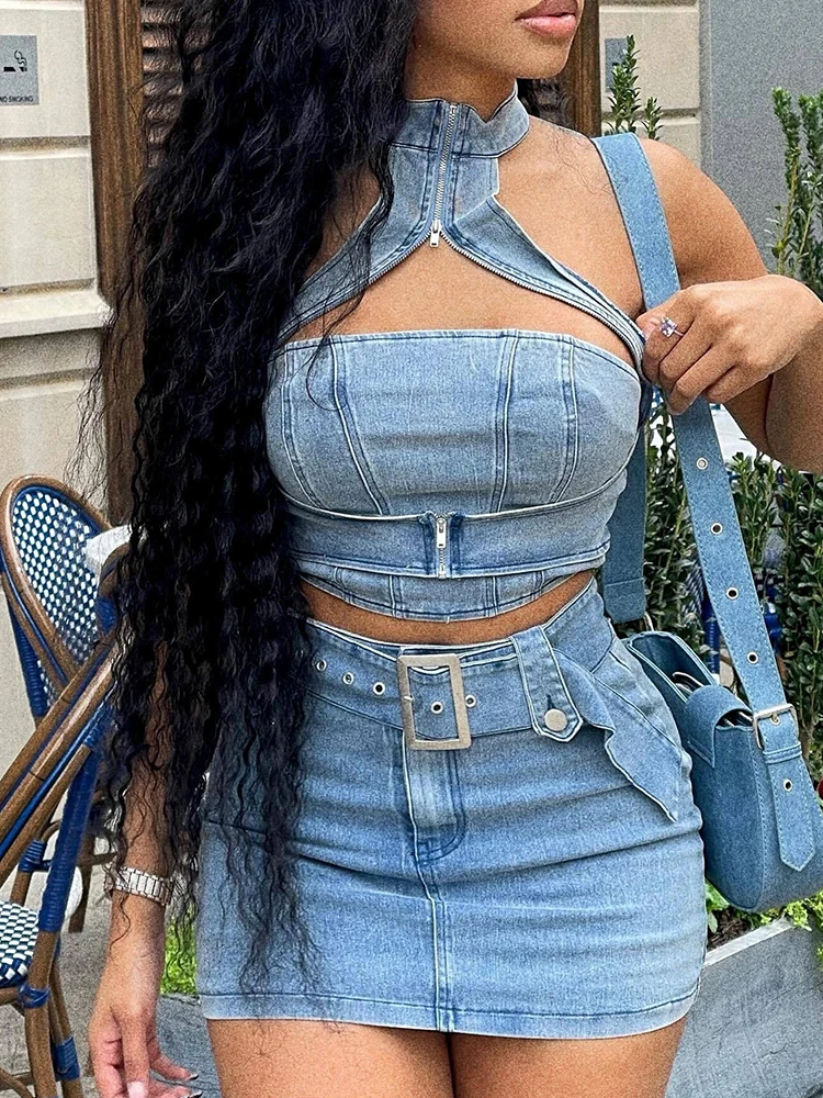 Two Piece Denim Set Women Y2k Halter Neck Strapless Vest Skirt Top Set Summer Sexy Denim Girl Outfit Wholesale Dropshipping