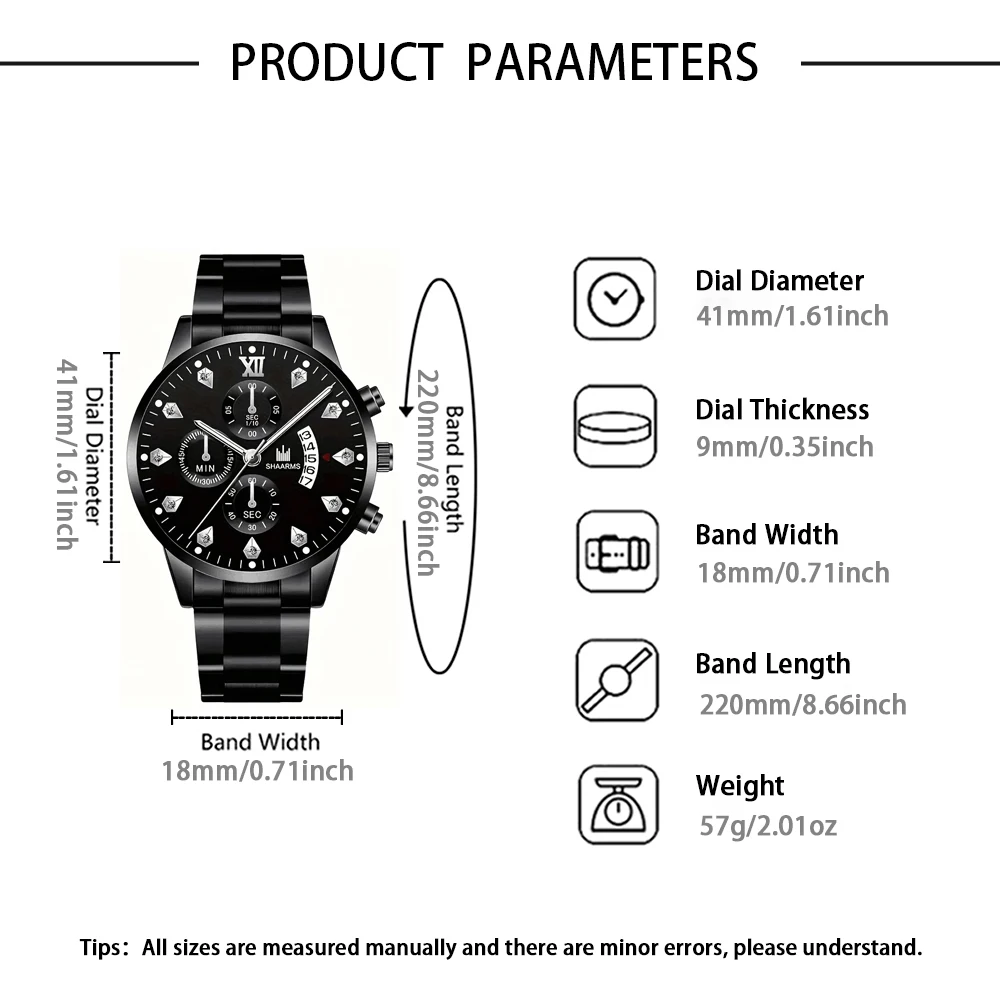2-piece men's quartz watch + accessories, combining business and sports styles, suitable as Valentine's Day and New Year gifts