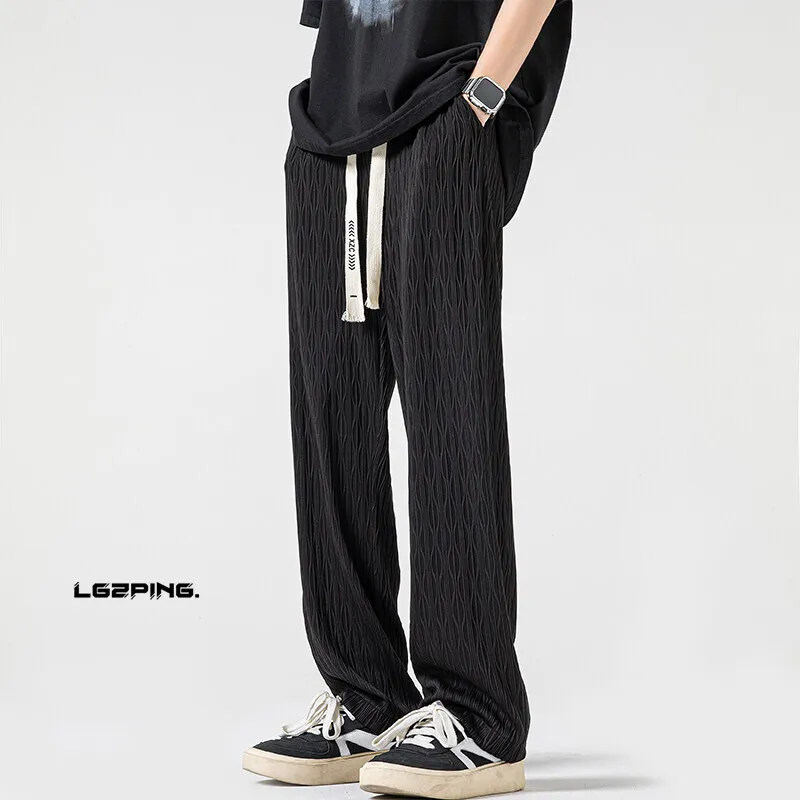 

Summer Casual Pants Men Fashion Stretch Ice Silk Pants Men Streetwear Loose Straight Pleated Pants Mens Trousers Large Size 5XL