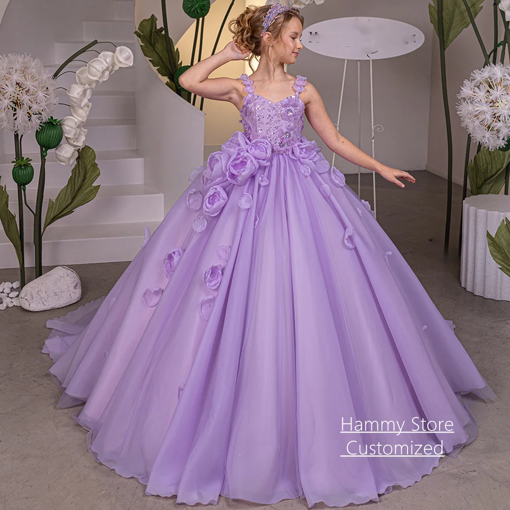 

Flower Girl Dress Customized V Neck Sleeveless Sequined handmade 3D Flowers Ball Gown Sweep Train Girls Birthday Party Dresses