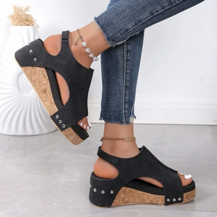 Summer Footwear Black Platform Wedge Sandals for Women Rubber Sole Buckle Peep Toe Elegant Woman\'s Shoes Sandalias Large Size 43