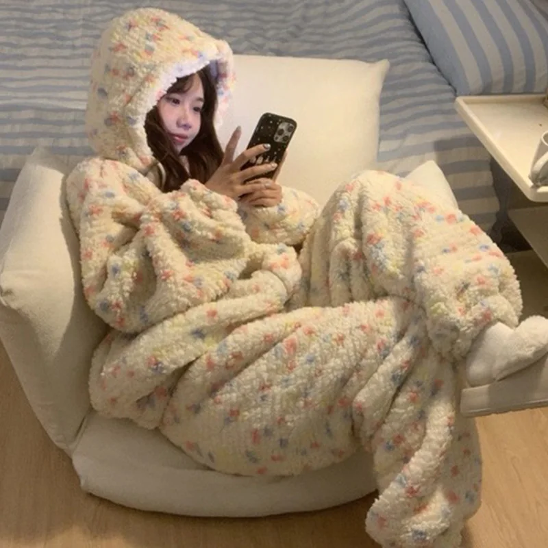 Thickened Winter Pajamas Onesie Coral Fleece Hooded Sleepwear for Cute Girls Home Clothes Outdoor Cartoon Print Warm Homewear