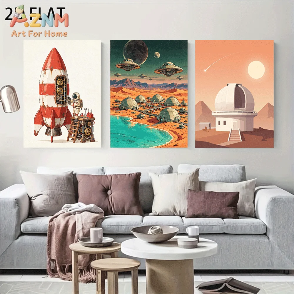 AZNM Frameless Canvas Wall Art, Retro Rocket Astronaut UFO Mars Base Observatory Print, Vintage Sci-fi Outer Space Planet Art Wa