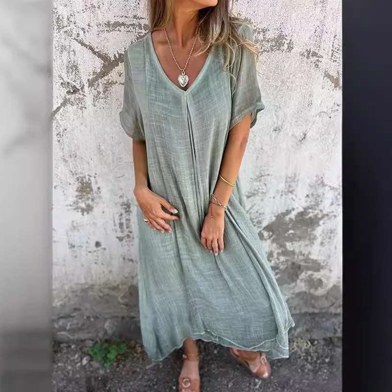 2024New Independent Station Casual Spring and Summer Loose Dress Short SleeveVCollar Solid Color Cotton and Linen Dress