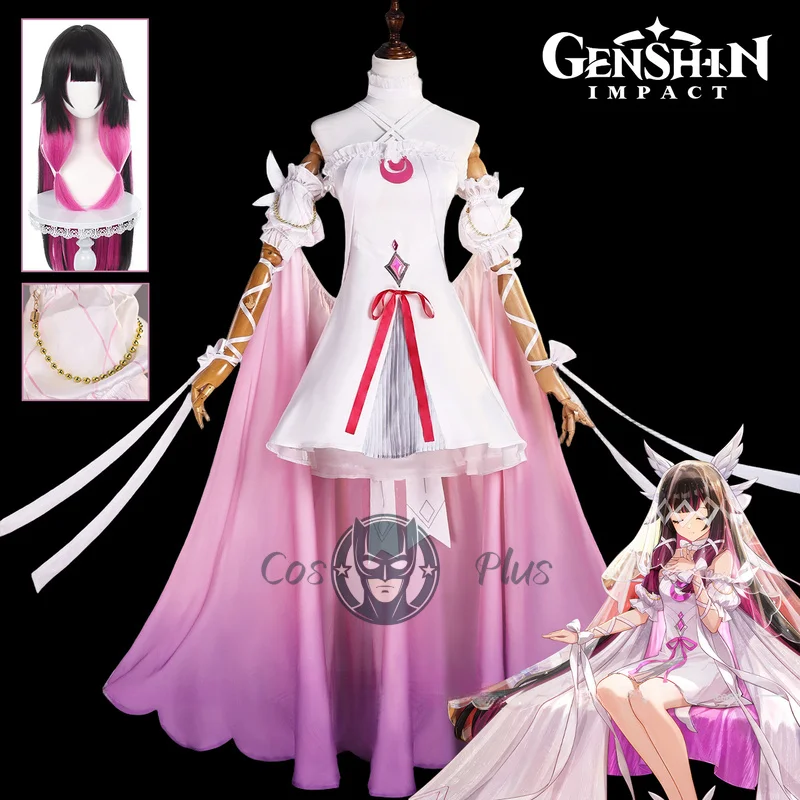 

Genshin Impact Columbina Cosplay Costume Wig FES White Pink Dress The Damselette Moon Maiden Christmas Party For Women Girls Men