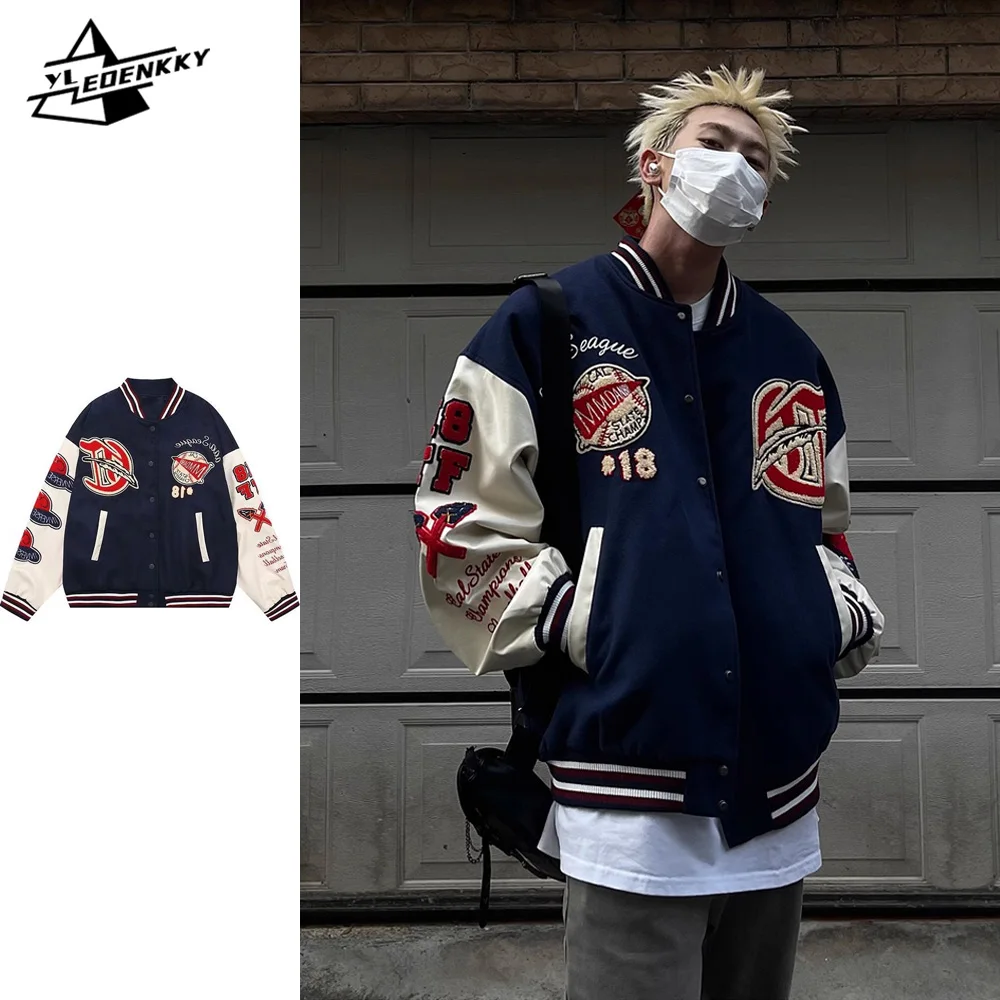 

Baseball Jacket Men Women Vintage Towel Embroidered Hip-hop Coat Harajuku Patchwork Flocked Loose Jacket Street Casual Outerwear