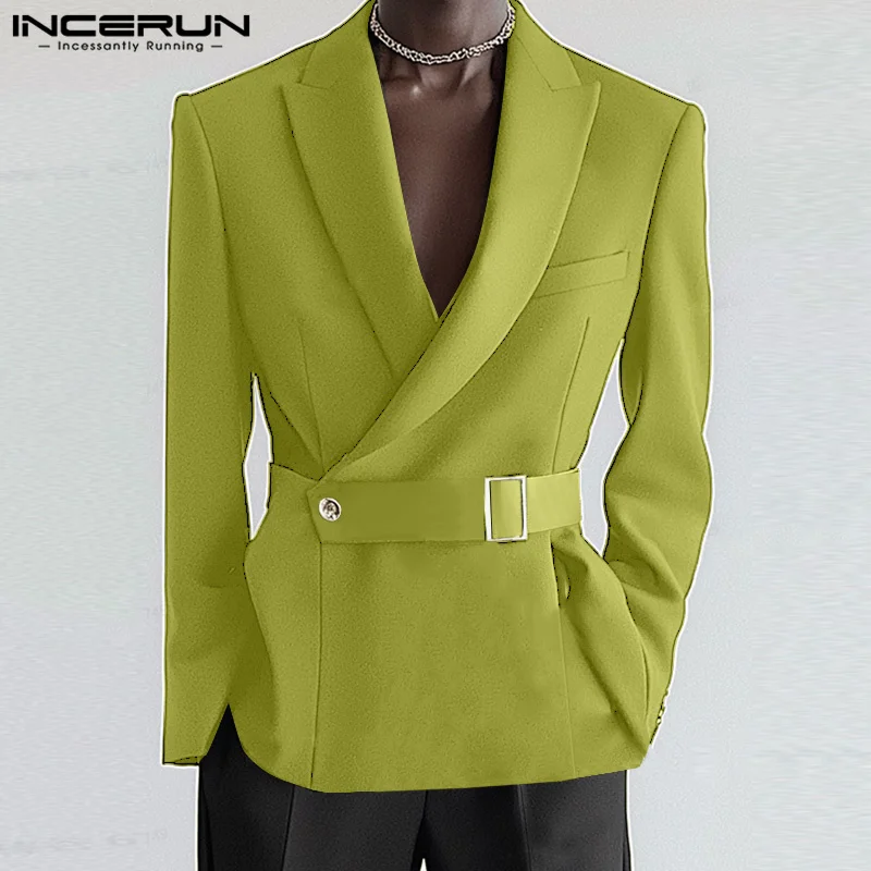 Handsome Men Tops INCERUN Deconstructive Metal Buckle Suit Coat Casual Streetwear Male Solid All-match Long Sleeved Blazer 2025