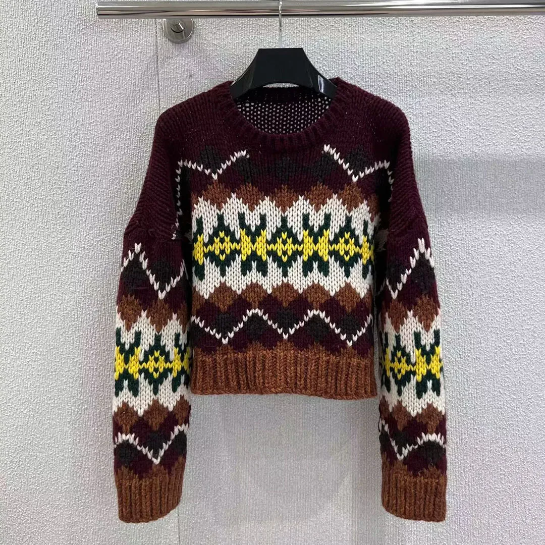 

New Autumn 100% Wool Coarse Yarn Loose Knitted Pullover Women Vintage Contrast Argyle Jacquard O-neck Long Sleeve Short Sweater