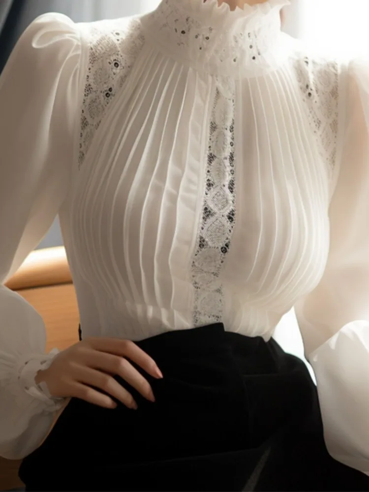 2024 Blusas Mujer De Moda Blouse for Women Temperament Lace Patchwork Shirts Hollow Out Pleated Stand Neck Vintage Blouses Tops