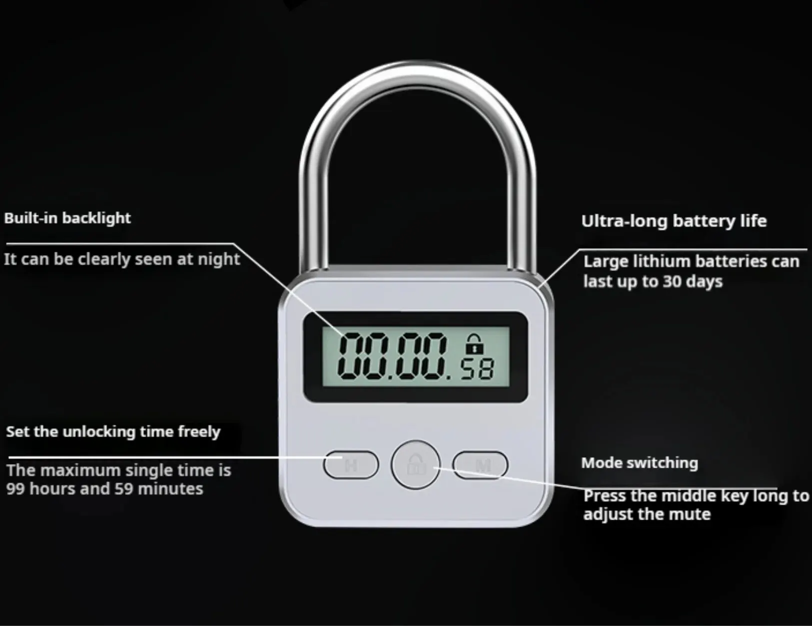 Timerhangslot LCD HD-display Voeg achtergrondverlichting toe Zinklegering 99 uur Max. timing Superlange stand-by Anti-verslaving Elektronisch slot