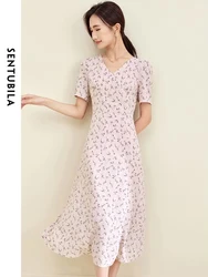 SENTUBILA Romantic Floral Printed Dress Women 2024 Summer New Elegant V-Neck Slim Fit Midi Split Dresses for Woman 132L50044