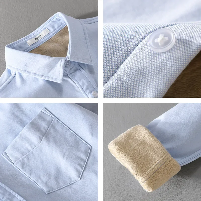 

New Men Winter Shirt Harajuku Daily Casual Keep Warm Male Shirts Lapel Oxford Fleece Shirt with Pocket Simple Thicken Clothing