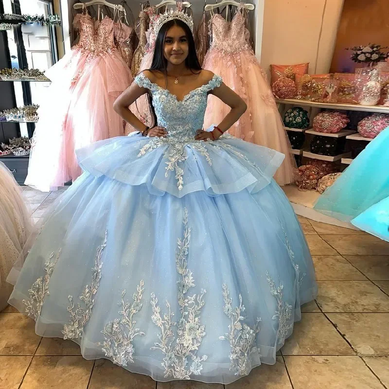 Angelsbridep-vestido de quinceanuinceañera azul cielo, manga corta hinchada, dulce vestido de 15, apliques de flores en 3D, Vestidos de lentejuelas de XV anos