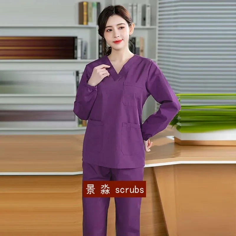 Vrouwen Scrub Pak Winter Medische Kleding Lange Mouw Scrub Top Katoen Arts Werkkleding Veterinaire Scrub Broek Plug Size Tandheelkunde