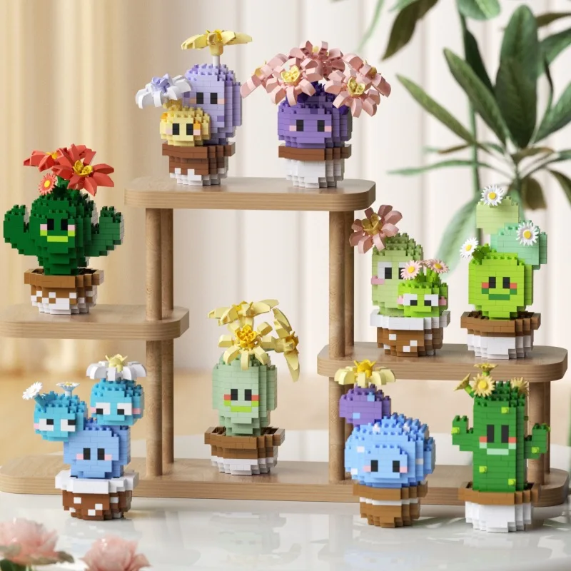 

Idea Funny Cartoon Figures Micro Diamond Building Block Cactus Nanobricks Potted Plant Construction Educational Toys For Gift