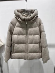 New Women Winter Warm Goose Down Jacket Real Mink Fur Collar Hooded Cashmere Wool Jackets Thick Female Outwear Coat