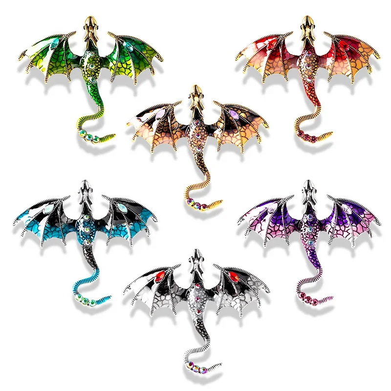 Enamel Dragon Brooches For Women Rhinestone Flying Legand Animal Party Brooch Pins Gifts