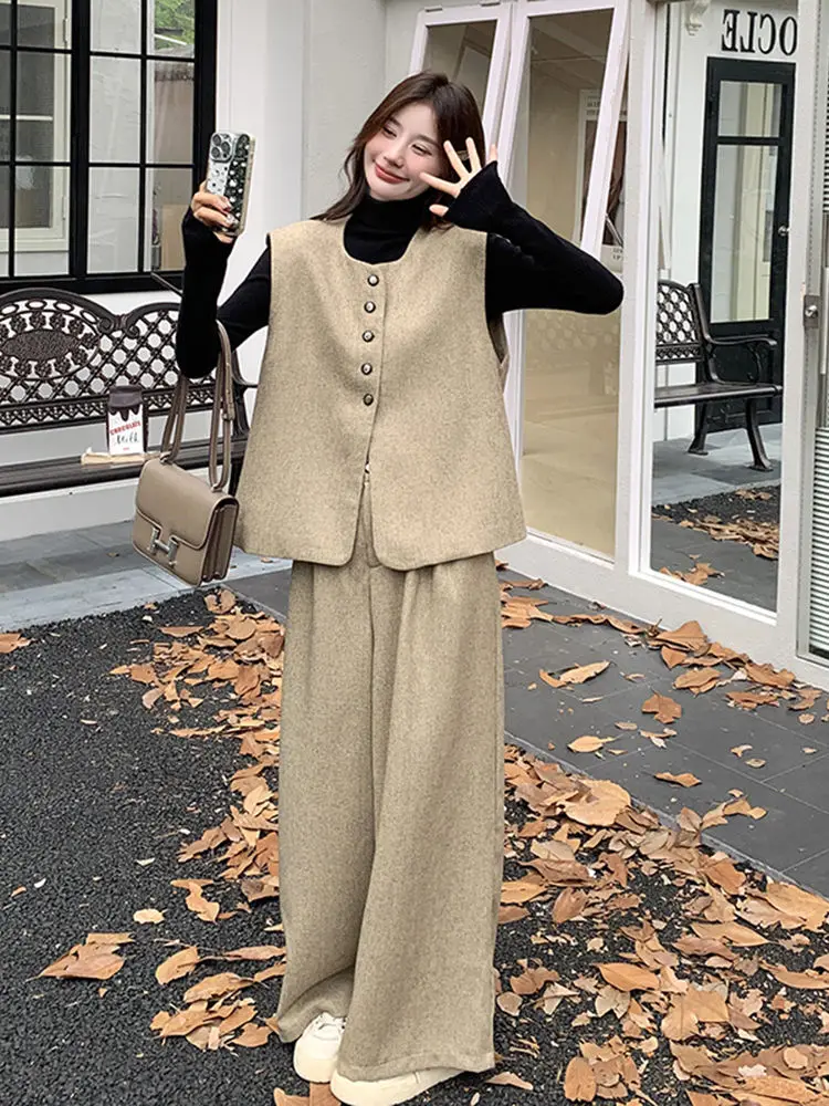 

Two-Piece Set Khaki Small Fragrant Vest Long Wide-Leg Pants Women'S Autumn Light Luxury High-End Casual Suit