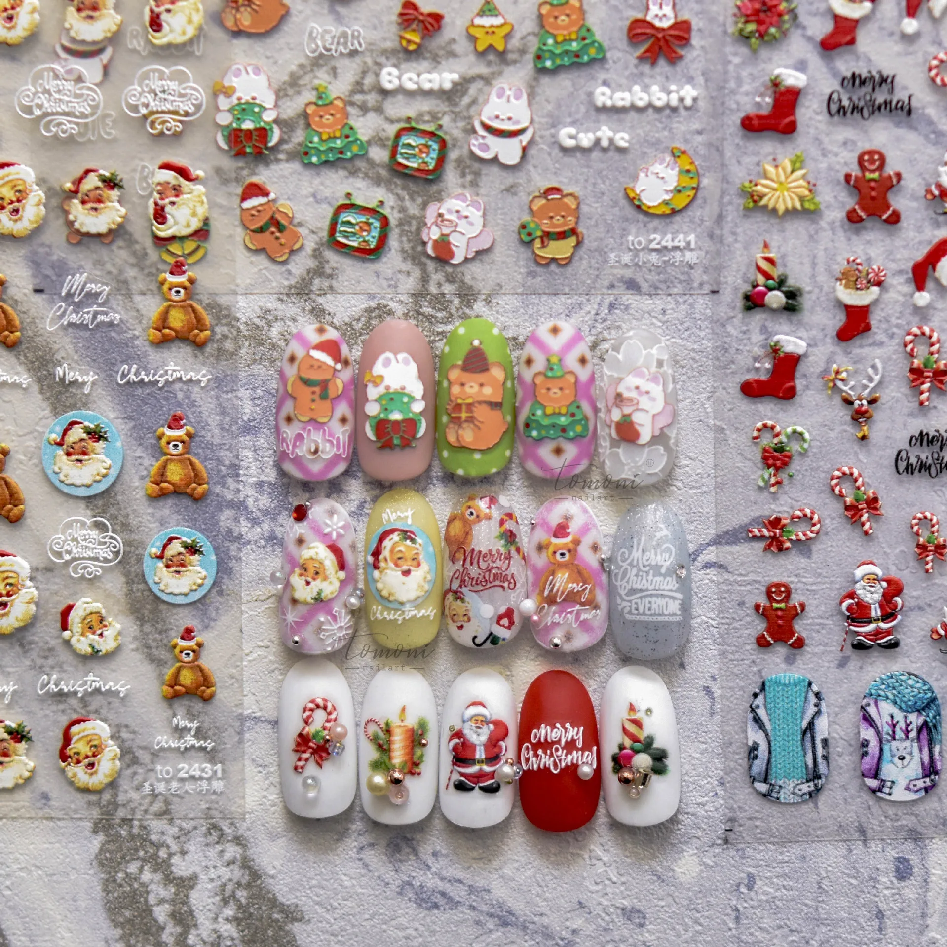 Merry Christmas Cartoon Santa Claus Bear Embossing High Quality Nail Art Sticker Adhesive Nail Decoration T-2424