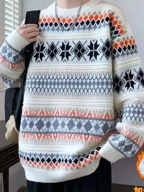 

Мужской осенне-зимний теплый вязаный свитер-пальто с круглым вырезом, на подкладке, в ретро-стиле, с ромбовидным узором, для подростков