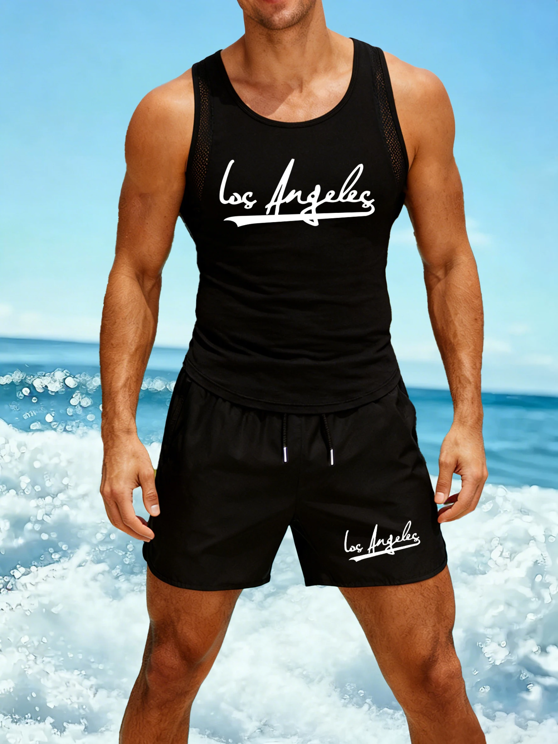 Famous Cities In The United States Print Men Reticular Vests Set Summer Drawstring Shorts Vacation Unisex All-Match Soft Singlet