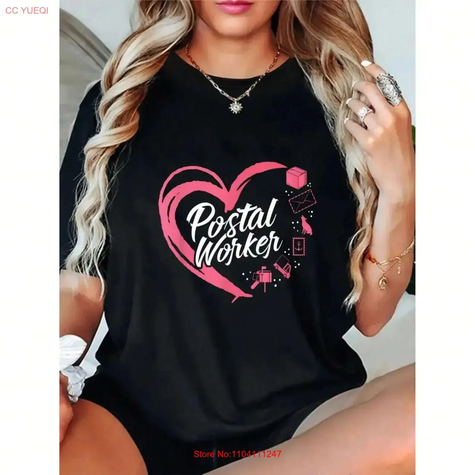 Pink heart and email printed T shirt round neck comfortable short sleeved vintage Washed Versatile Top For Everyday Wear Casual