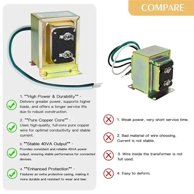 VEHO-24-Volt AC 40VA Doorbell Transformer, For Ring Wired Video Doorbell And Thermostats, Hardwired Door Chime Power Supply