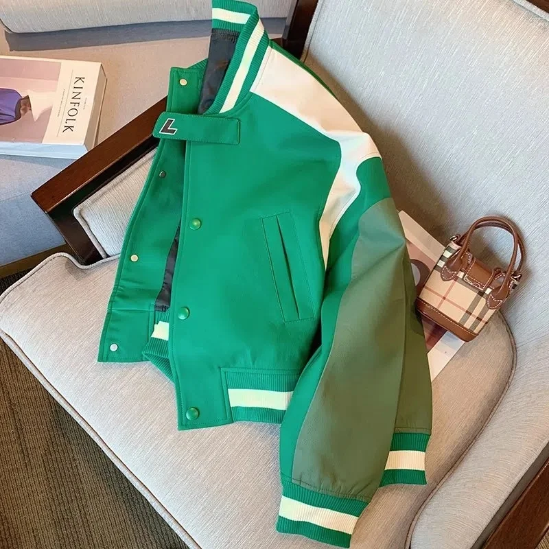 Baseball Green Leather Jacket Women Spring Autumn Chic Fashionable Motorcycle Style Short PU Coat Trend