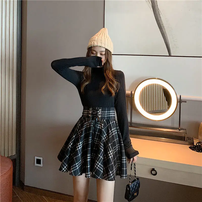 Y2K Skirt Women 2023 Korean Fashion Woolen Plaid Skirt Lace Up High Waist Harajuku All-match School Preppy Mini Skirts for Girls