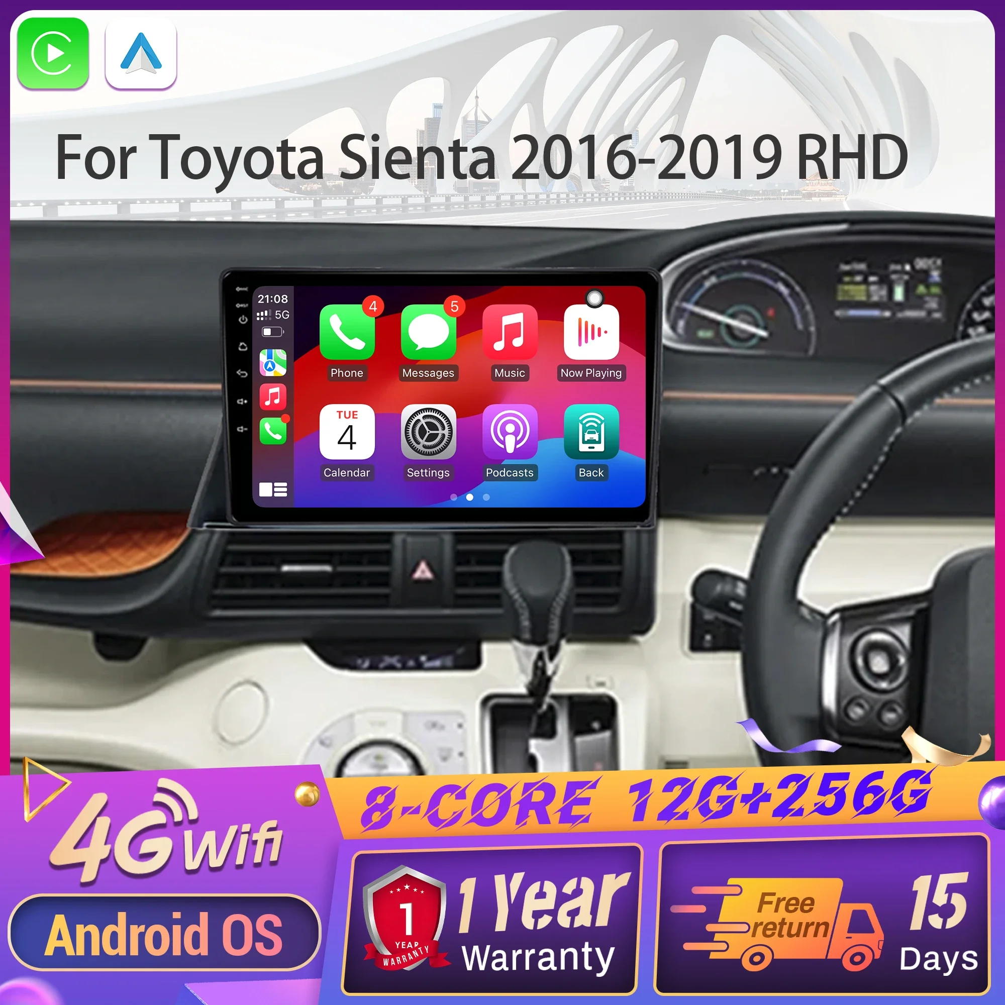 

Автомобильный радиоприемник Android 14, для Toyota Sienta 2016-2019, беспроводной Bluetooth Carplay, мультимедийный головной блок, сенсорный экран