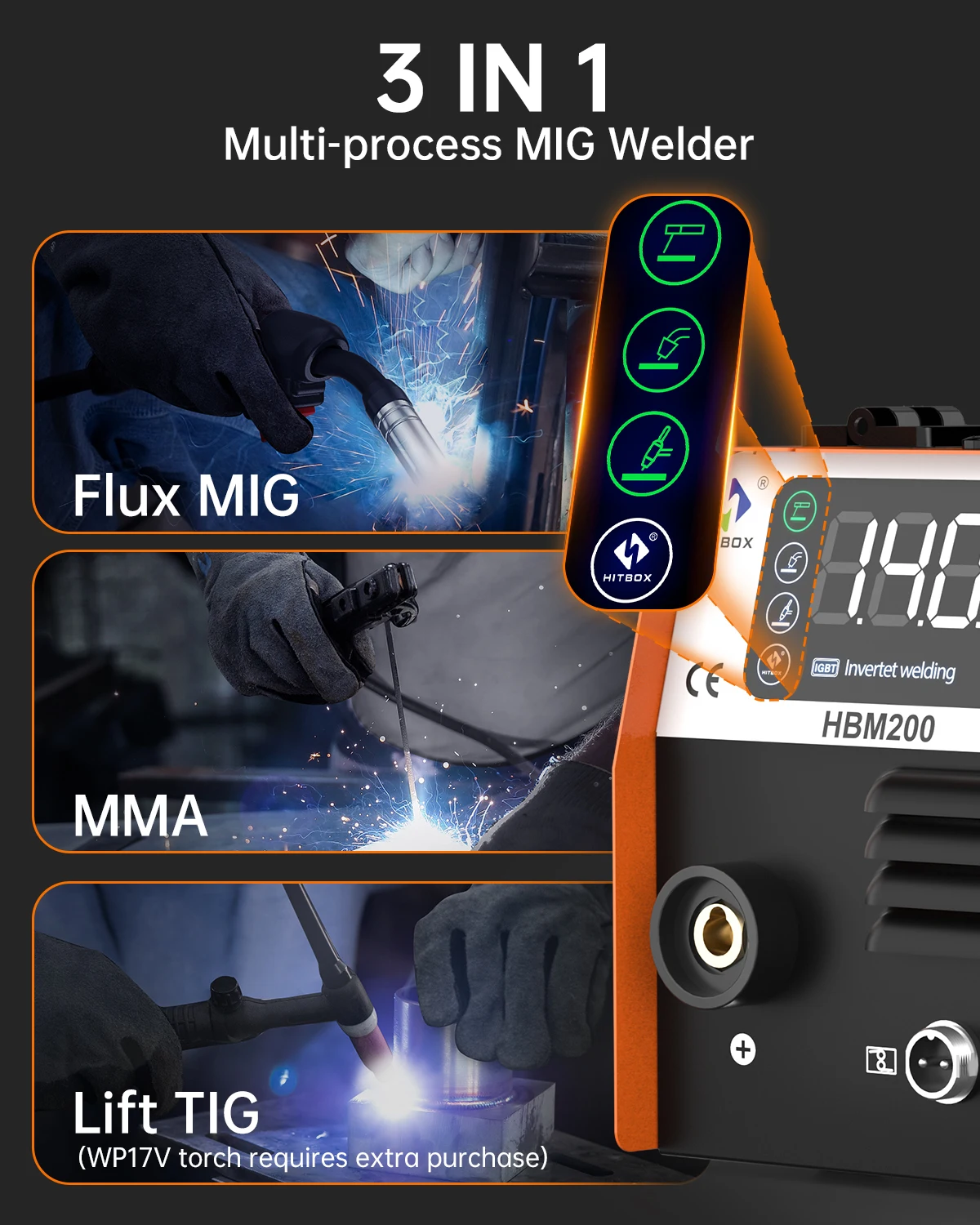 ماكينة لحام HITBOX 3 في 1 MIG 220 فولت MMA/Lift TIG/MIG بدون غاز شبه أوتوماتيكية لحام عاكس IGBT أدوات التآزين HBM200