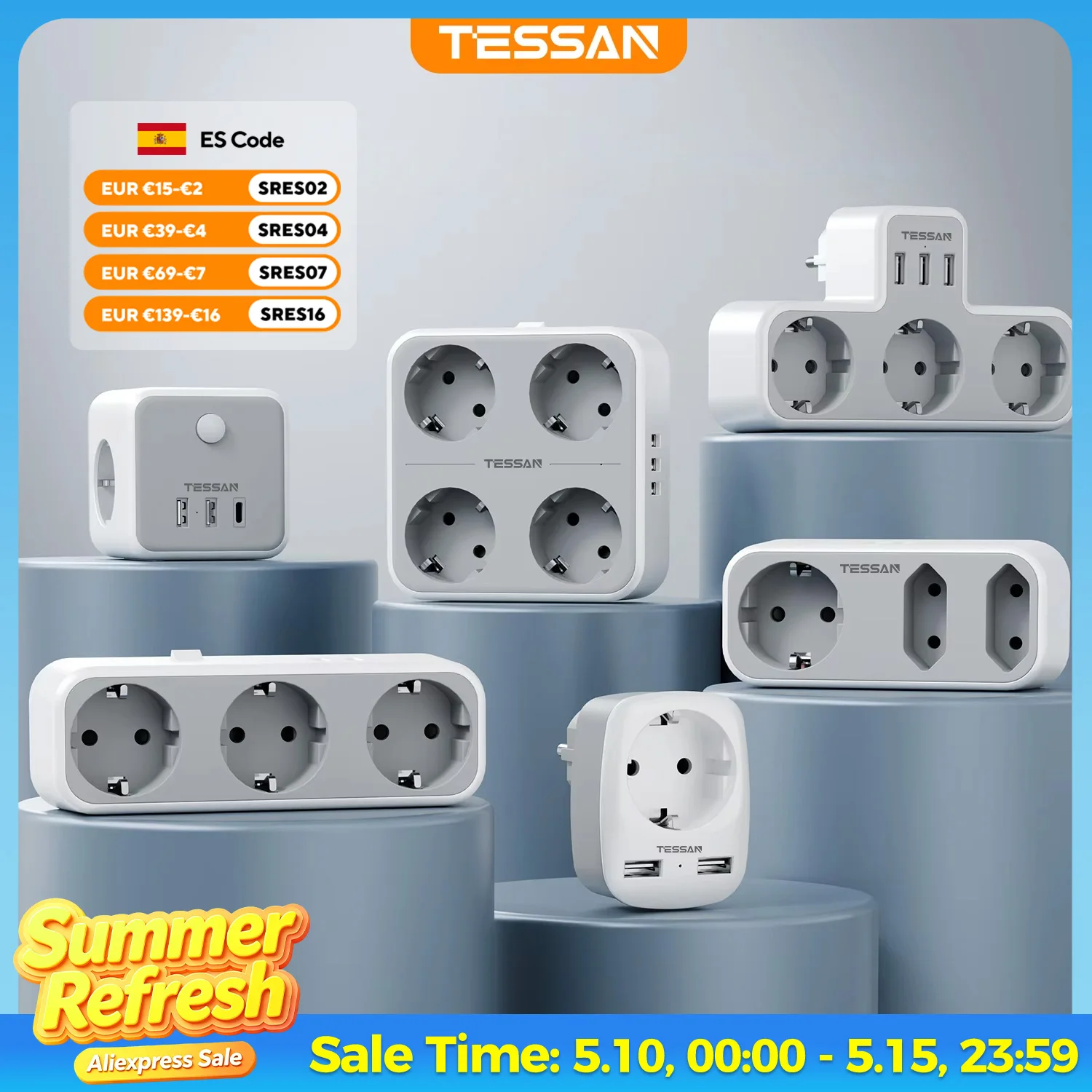 TESSAN prise ue multiprise avec prises secteur et Ports de chargement USB adaptateur de prise murale Multiple pour le bureau à domicile enchufe múltiple