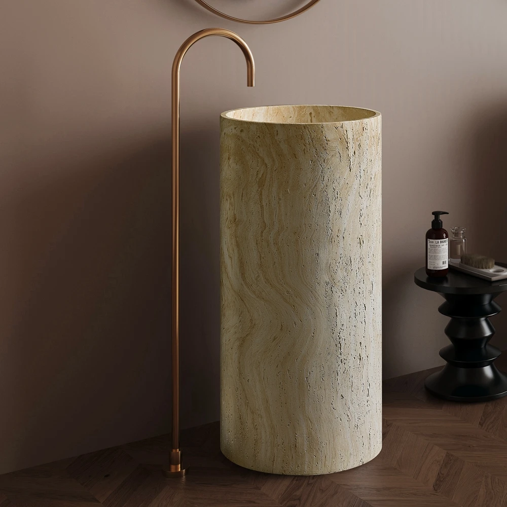 Wabi Sabi Style Floor Mounted Freestanding Bathroom Sink Yellow Travertine Artistic Artificial Stone Pedestal Hand Wash Basin