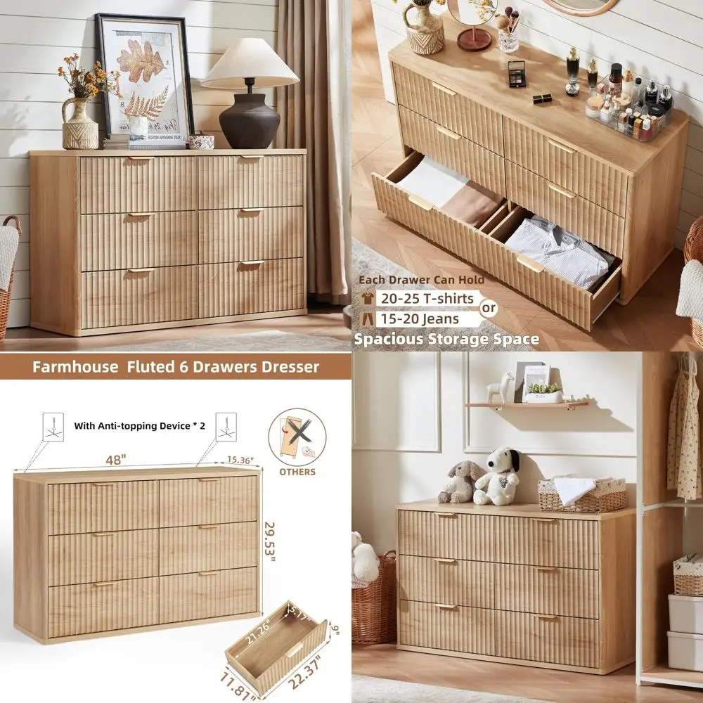 Modern 6-Drawer Farmhouse Dresser with Metal Handles and Natural Curved Profile for Bedroom, 48 Wide