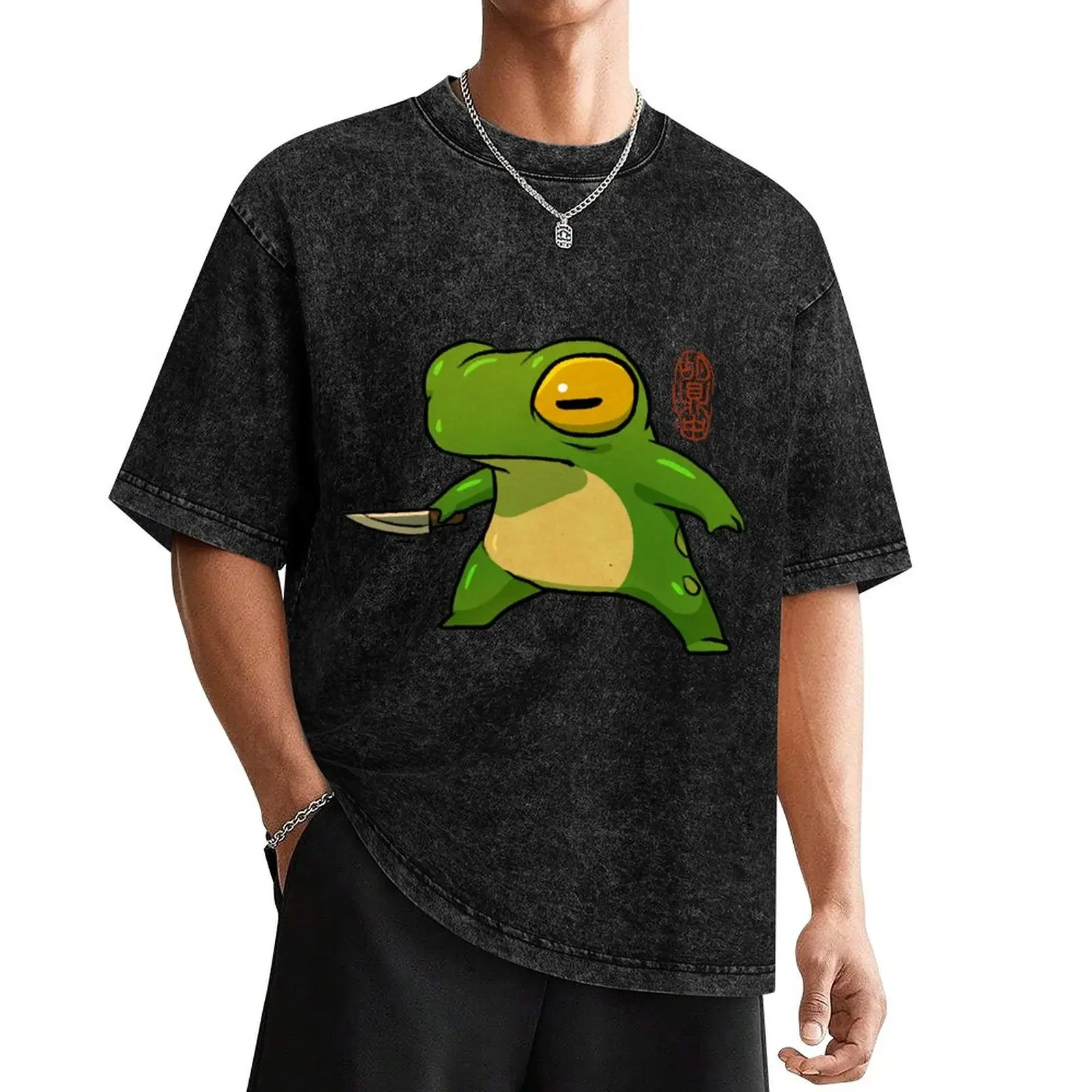 knife wielding stabby gremlin frog artwork asian style T-Shirt cheap stuff blue archive mens graphic t-shirts big and tall