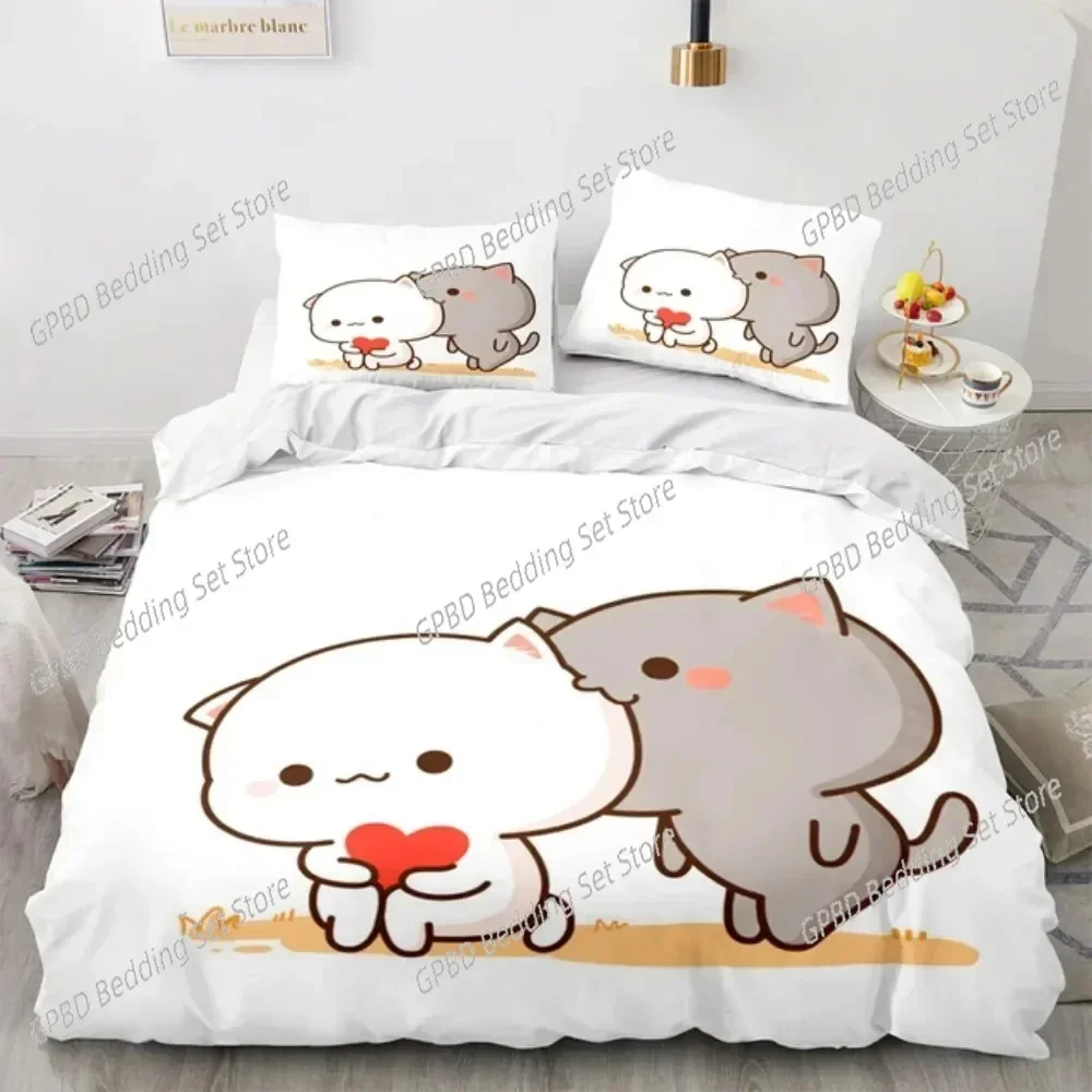 3D Cartoon Lovely Peach Cat 3D Bedding Set Duvet Cover Pillowcases Single Twin Full Queen King Size Home Decor Quilt Boys Gift